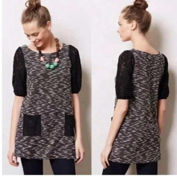 POSTMARK Anthropologie Tweed Black Lace Puff Sleeve Shift Shirt Dress - Picture 3 of 10